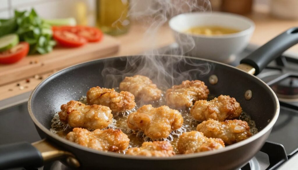 A close-up of crispy chicken nuggets sizzling in a well-used frying pan on a stovetop. The nuggets are golden brown, surrounded by bubbling oil, releasing small bursts of steam. In the background, a cozy kitchen setting is visible with soft, warm lighting that creates a homey atmosphere. A sprinkle of spices and herbs can be seen nearby, indicating preparation, while fresh vegetables and a bowl of marinade are subtly placed out of focus in the middle ground, adding depth. The scene captures the essence of cooking, evoking a sense of warmth and comfort, with a focus on the juicy texture of the nuggets and the heat of the cooking process. A close-up of crispy chicken nuggets sizzling in a well-used frying pan on a stovetop. The nuggets are golden brown, surrounded by bubbling oil, releasing small bursts of steam. In the background, a cozy kitchen setting is visible with soft, warm lighting that creates a homey atmosphere. A sprinkle of spices and herbs can be seen nearby, indicating preparation, while fresh vegetables and a bowl of marinade are subtly placed out of focus in the middle ground, adding depth. The scene captures the essence of cooking, evoking a sense of warmth and comfort, with a focus on the juicy texture of the nuggets and the heat of the cooking process.