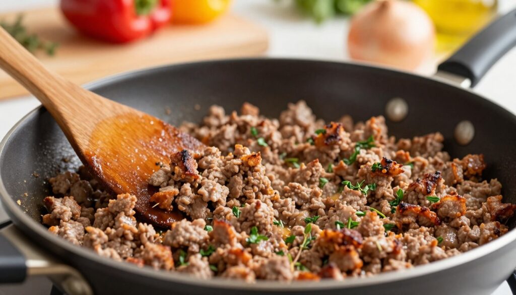 A close-up of perfectly cooked minced meat in a skillet, with a golden-brown color and a slightly crispy texture, indicating it's ready to eat. The foreground features a wooden spatula resting on the edge of the skillet, while in the middle ground, the minced meat is sizzling, surrounded by a sprinkle of fresh herbs like parsley or thyme for added color. In the background, a soft-focus kitchen setting with warm lighting creates a cozy atmosphere, highlighting a cutting board and some fresh vegetables like onions and bell peppers. The scene is captured with a shallow depth of field, using natural light that enhances the appetizing sheen of the meat, evoking a sense of home-cooked comfort.
