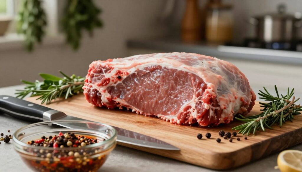 A close-up of raw meat being prepared for marinating, showcasing the process with fresh herbs and aromatic spices arranged around it. The meat, a large piece of beef, is placed on a wooden cutting board, with a chef's knife and a bowl of marinade ingredients in the foreground. The background features a softly lit kitchen setting with hanging herbs and kitchen utensils. The lighting is warm and inviting, highlighting the textures of the meat and ingredients. The atmosphere is one of anticipation and culinary artistry, emphasizing the importance of preparation before marinating. Use a slightly angled shot to enhance depth, focusing on the details of the meat and spices without any distractions or text.
