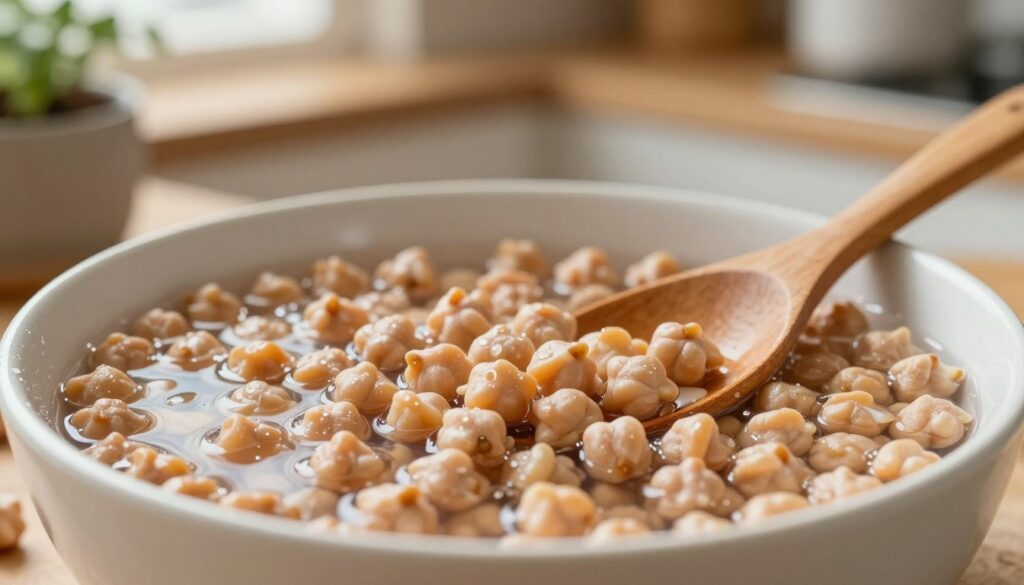 A close-up scene focusing on a bowl of dried chickpeas being soaked in water, with droplets of water glistening on the surface. The foreground features the bowl filled with chickpeas, some are partially submerged while others float slightly above the water's surface. In the middle ground, a wooden spoon rests beside the bowl, hinting at the preparation process. The background should be softly blurred, showcasing a cozy kitchen environment with warm lighting, perhaps a rustic wooden countertop and some herbs in small pots. The atmosphere is inviting and serene, emphasizing the importance of soaking chickpeas for cooking, with natural light streaming in, creating a warm, homey feel. A close-up scene focusing on a bowl of dried chickpeas being soaked in water, with droplets of water glistening on the surface. The foreground features the bowl filled with chickpeas, some are partially submerged while others float slightly above the water's surface. In the middle ground, a wooden spoon rests beside the bowl, hinting at the preparation process. The background should be softly blurred, showcasing a cozy kitchen environment with warm lighting, perhaps a rustic wooden countertop and some herbs in small pots. The atmosphere is inviting and serene, emphasizing the importance of soaking chickpeas for cooking, with natural light streaming in, creating a warm, homey feel.