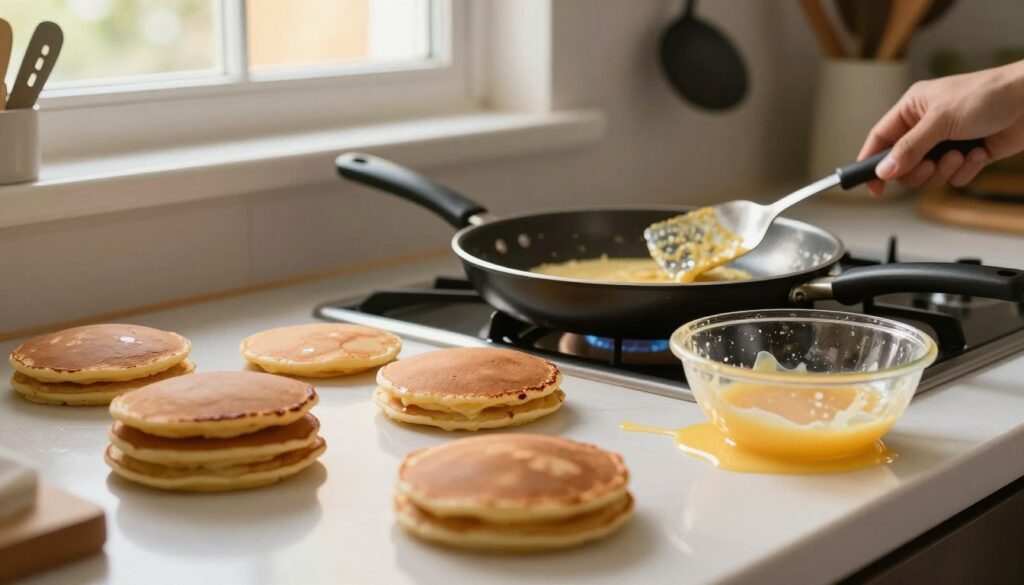 A close-up scene of a well-lit kitchen countertop during pancake making, showcasing a non-stick frying pan with a few pancakes sizzling. In the foreground, there are common issues displayed, such as unevenly browned pancakes, a bit of burnt batter on the edges, and an overflowing batter bowl. The middle ground features a spatula and a ladle with some residue, enhancing the cooking struggle. In the background, a window allows warm sunlight to flood the space, creating a cozy and inviting atmosphere, while kitchen tools hang on the wall. The image should convey a mix of frustration and determination felt during home cooking, with no people present. Focus on clear details and rich colors to depict the culinary process. A close-up scene of a well-lit kitchen countertop during pancake making, showcasing a non-stick frying pan with a few pancakes sizzling. In the foreground, there are common issues displayed, such as unevenly browned pancakes, a bit of burnt batter on the edges, and an overflowing batter bowl. The middle ground features a spatula and a ladle with some residue, enhancing the cooking struggle. In the background, a window allows warm sunlight to flood the space, creating a cozy and inviting atmosphere, while kitchen tools hang on the wall. The image should convey a mix of frustration and determination felt during home cooking, with no people present. Focus on clear details and rich colors to depict the culinary process.