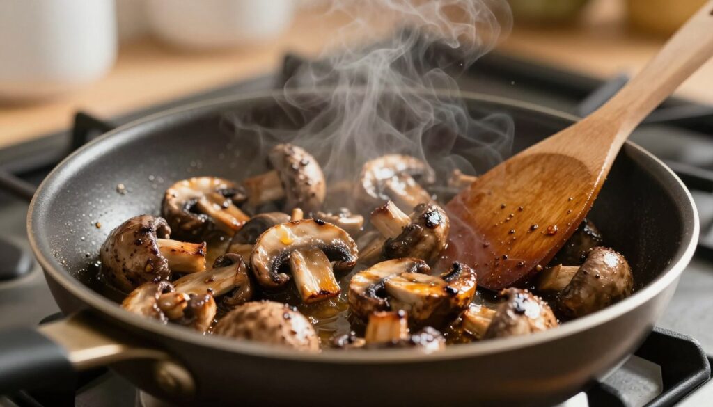 A close-up scene of mushrooms sizzling in a frying pan on a stovetop, showcasing perfectly browned and glistening brown mushrooms. The pan should be non-stick and filled with fresh, chopped mushrooms, with steam rising gently as they cook. The background features a softly lit kitchen, with warm, ambient lighting creating a cozy atmosphere. A wooden spatula lies nearby, ready to stir. The focus is sharp on the mushrooms, emphasizing their juicy texture and golden-brown color as they caramelize, while the background remains slightly blurred. The overall mood is inviting, highlighting the tantalizing process of frying mushrooms to perfection.