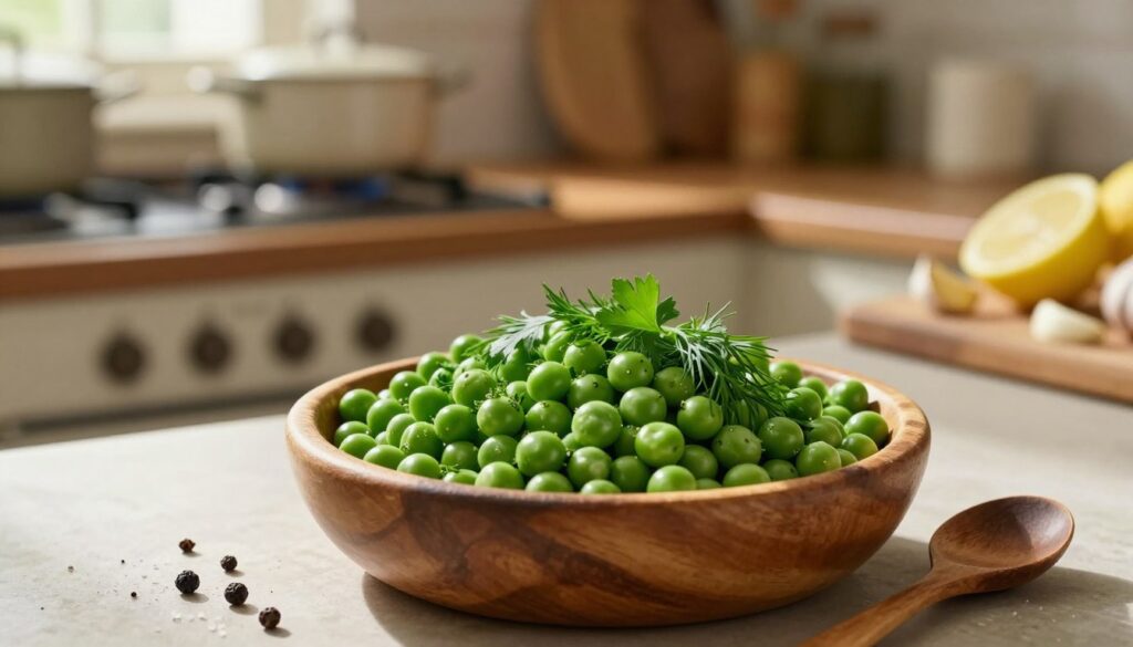 A close-up scene of seasoned cooked peas in a rustic kitchen setting. In the foreground, a wooden bowl filled with vibrant green peas is garnished with fresh herbs like parsley and dill, emphasizing their freshness. A small wooden spoon rests beside the bowl, and a few scattered spices such as black pepper and sea salt are artistically arranged nearby. In the middle ground, a soft-focus background reveals a kitchen counter with an antique stove, some pots, and a cutting board with sliced lemons and garlic cloves, hinting at additional flavoring options. The lighting is warm and inviting, with sunlight streaming through a nearby window, casting gentle shadows and creating a cozy atmosphere. The mood is one of home cooking, warmth, and comfort, inviting the viewer to explore the art of seasoning and enhancing flavors. A close-up scene of seasoned cooked peas in a rustic kitchen setting. In the foreground, a wooden bowl filled with vibrant green peas is garnished with fresh herbs like parsley and dill, emphasizing their freshness. A small wooden spoon rests beside the bowl, and a few scattered spices such as black pepper and sea salt are artistically arranged nearby. In the middle ground, a soft-focus background reveals a kitchen counter with an antique stove, some pots, and a cutting board with sliced lemons and garlic cloves, hinting at additional flavoring options. The lighting is warm and inviting, with sunlight streaming through a nearby window, casting gentle shadows and creating a cozy atmosphere. The mood is one of home cooking, warmth, and comfort, inviting the viewer to explore the art of seasoning and enhancing flavors.
