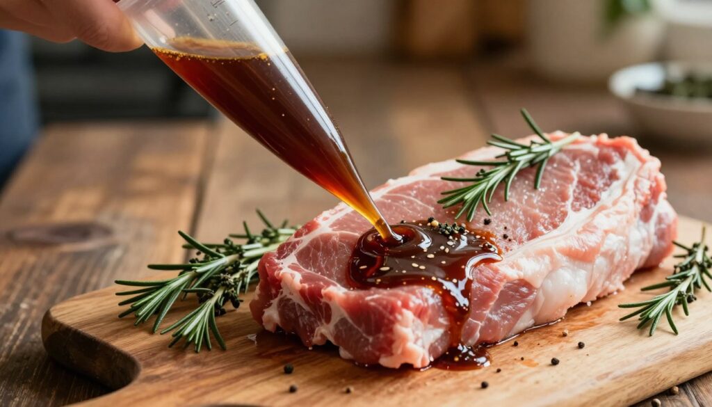 A close-up scene of the process of injecting meat with marinade for enhanced flavor, highlighting a succulent piece of raw pork. The foreground features a shiny marinade injector, partially filled with a rich, dark marinade, glistening in the light. In the middle, the marinated meat is carefully placed on a wooden cutting board, garnished with fresh herbs and spices like thyme and rosemary. The background shows a rustic kitchen setting with warm, natural lighting creating a cozy atmosphere. The focus is sharp on the injector and meat while softly blurring the background to emphasize the action of marinating. The mood is inviting and appetizing, suggesting a hands-on approach to preparing meat for smoking.