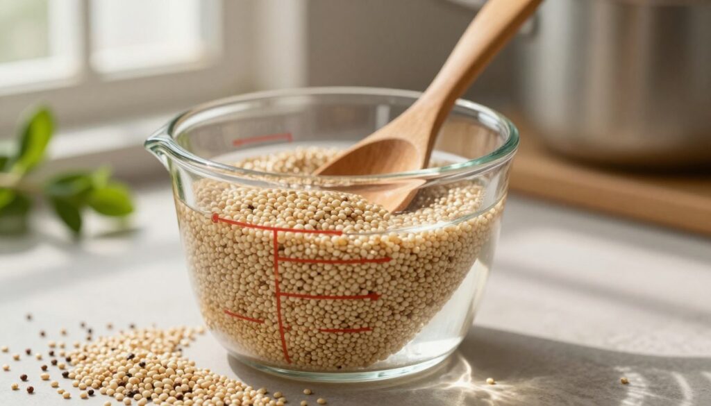 A close-up shot of a glass measuring cup filled with quinoa, surrounded by a precise amount of water, showcasing the ideal water-to-quinoa ratio for cooking. In the foreground, focus on the grains of quinoa, highlighting their unique texture and color, while the water reflects light, creating a shimmering effect. The middle ground features a wooden spoon resting beside the measuring cup, emphasizing a natural cooking environment. In the background, softly blurred kitchen elements like a pot and herbs evoke a cozy cooking atmosphere. Natural light filters in from a nearby window, casting gentle shadows and enhancing the warm, inviting mood. The image should convey a sense of simplicity and clarity, perfect for illustrating the cooking process.