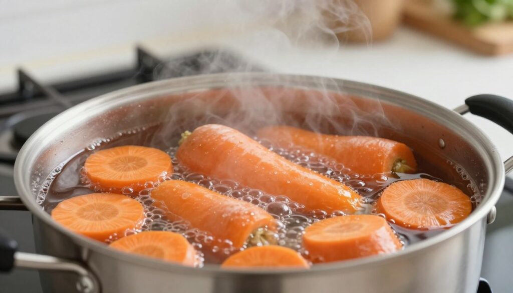 A close-up shot of fresh, sliced carrots in a pot of water, gently simmering on a stovetop. The foreground features vibrant orange carrot slices, showcasing their natural texture and glistening surface as steam rises from the bubbling water. In the middle, the pot is placed on a modern stovetop with stainless steel accents, surrounded by a minimalistic kitchen backdrop with soft, diffused lighting that creates a warm atmosphere. The background includes blurred kitchen utensils and a hint of greenery, adding a fresh touch. The overall mood is inviting and homey, emphasizing a healthy cooking process. The image should have a high-resolution quality, capturing the details of the carrots and the cooking environment without any text or overlays.