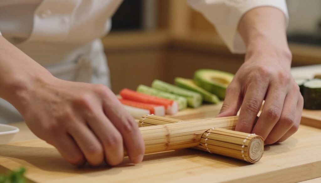 A close-up shot of hands expertly rolling sushi without a mat. The foreground features two hands, one holding a bamboo sushi rolling tool, and the other carefully placing a sushi roll onto a wooden cutting board. The middle ground includes colorful ingredients such as avocado, cucumber, and crab sticks, all neatly arranged. The background is a softly blurred kitchen setting with warm, inviting lighting, evoking a cozy home atmosphere. The image captures the technique of sushi rolling step by step, emphasizing the precision and skill involved. The scene is set from a slight angle, enhancing the dynamic feel of the rolling process while ensuring a clear focus on the hands and ingredients.