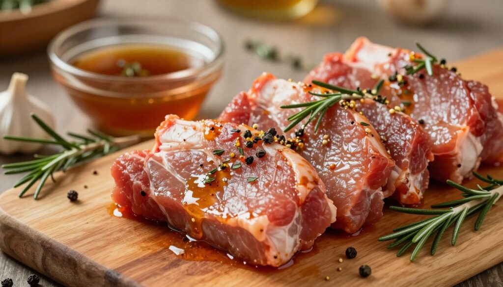 A close-up shot of marinated pork pieces resting on a wooden cutting board, glistening with a flavorful marinade, rich in herbs and spices. The foreground features the juicy, tender meat, showcasing its vibrant colors, with a hint of garlic and rosemary scattered around. In the middle ground, a small bowl of the marinade sits, surrounded by fresh ingredients like sprigs of thyme and peppercorns. The background is softly blurred, suggesting a warm kitchen atmosphere with subtle lighting that highlights the textures and glossiness of the marinade. This evokes a sense of preparation for a delicious roast, creating an inviting and appetizing mood. Use a shallow depth of field to enhance the focus on the marinated pork.