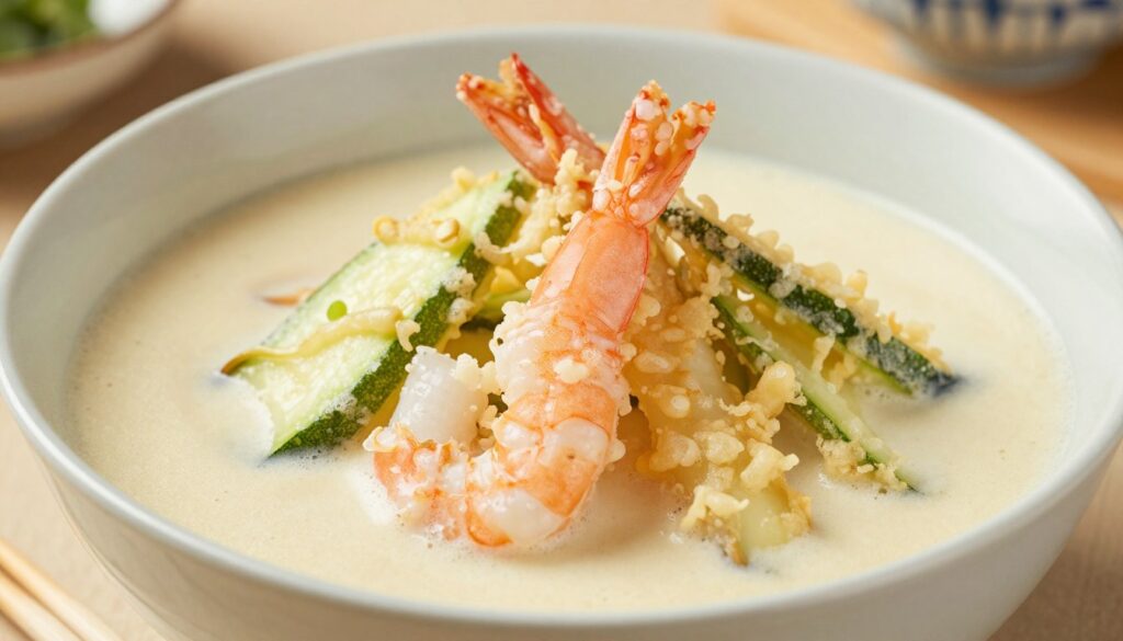 A close-up view of a bowl of tempura batter for sushi, showcasing the perfect consistency. The batter is light and airy, with a slightly glossy surface, emphasizing its ability to coat ingredients evenly. In the foreground, a pair of chopsticks rests beside the bowl, hinting at the sushi preparation process. The middle of the image features fresh vegetables and seafood like shrimp and zucchini, partially immersed in the batter, illustrating the ideal coating. Soft, natural light illuminates the scene, creating gentle shadows and highlighting the textures of the batter and ingredients. The background is softly blurred, with hints of a traditional Japanese kitchen, enhancing the atmosphere of culinary artistry. The overall mood is inviting and appetizing, perfect for a cooking tutorial.