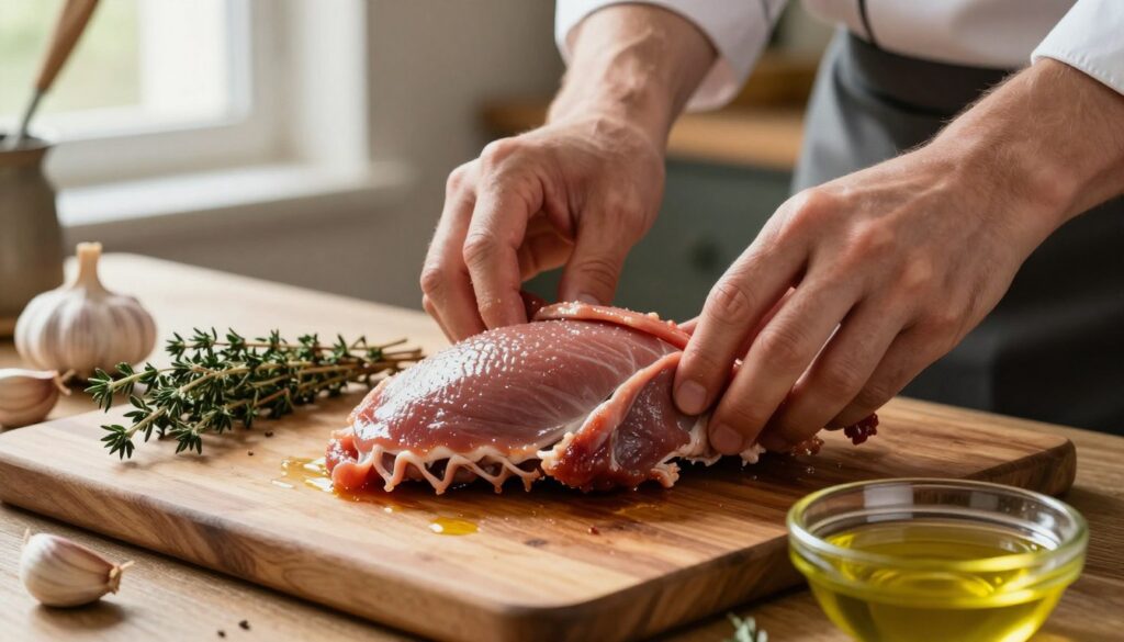 A close-up view of a chef's hands gently preparing duck breast fillets on a wooden cutting board. The duck breasts are skin-side up, showcasing their rich color and texture. Surrounding the duck are fresh ingredients such as thyme sprigs, garlic cloves, and a small bowl of olive oil. The kitchen is warmly lit, with soft, natural light filtering through a nearby window, highlighting the textures of the duck and the cutting board. In the background, subtle hints of kitchen utensils and herbs create an inviting cooking atmosphere. The composition conveys a sense of care and precision, emphasizing the art of marinating meat before cooking.