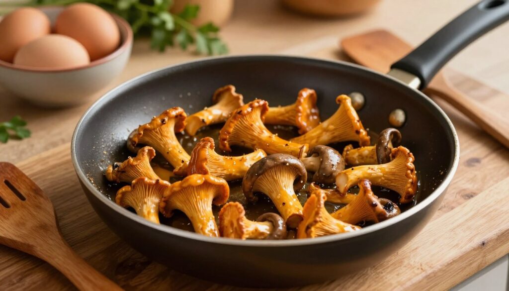 A close-up view of a frying pan filled with sautéing chanterelle mushrooms, their vibrant orange and yellow hues glowing in the warm kitchen light. The pan is placed on a rustic wooden countertop, with a wooden spatula resting beside it. In the background, soft-focus elements include a small bowl of fresh eggs and a sprig of parsley, adding a touch of freshness. The lighting is warm and inviting, casting gentle shadows that enhance the texture of the mushrooms. The angle is slightly above the pan, emphasizing the cooking action and the rich, glossy finish of the mushrooms. The atmosphere is cozy and homely, evoking the comforting essence of home-cooked meals.