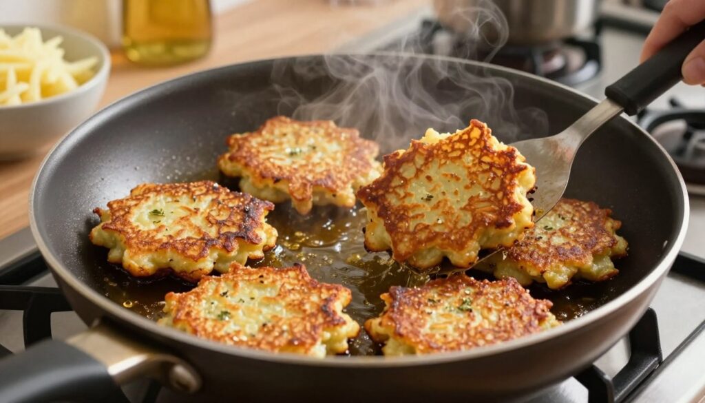 A close-up view of a frying pan on a stove, featuring crispy potato pancakes frying gently in minimal oil. The pancakes are golden brown with a slightly textured surface, showing their ideal crispiness. In the foreground, a spatula is carefully lifting one pancake, emphasizing the technique of frying with less oil. The background reveals a cozy kitchen setting, with soft, warm lighting illuminating the scene, highlighting the steam rising from the pan. Elements like a nearby bowl of grated potatoes and a sprinkle of herbs add depth to the composition. The overall atmosphere is inviting and homey, conveying the artistry of cooking perfectly crisp latkes without excess oil. The camera angle is slightly above the frying pan, focusing on the delicious detail of the pancakes. A close-up view of a frying pan on a stove, featuring crispy potato pancakes frying gently in minimal oil. The pancakes are golden brown with a slightly textured surface, showing their ideal crispiness. In the foreground, a spatula is carefully lifting one pancake, emphasizing the technique of frying with less oil. The background reveals a cozy kitchen setting, with soft, warm lighting illuminating the scene, highlighting the steam rising from the pan. Elements like a nearby bowl of grated potatoes and a sprinkle of herbs add depth to the composition. The overall atmosphere is inviting and homey, conveying the artistry of cooking perfectly crisp latkes without excess oil. The camera angle is slightly above the frying pan, focusing on the delicious detail of the pancakes.