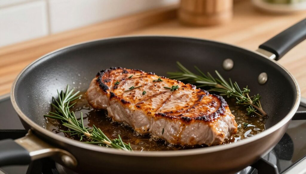 A close-up view of a frying pan on a stove, showcasing tender pork tenderloin vividly sizzling in hot oil. The meat is golden brown, perfectly seared, with juices visibly glistening on the surface. Fresh herbs, like rosemary and thyme, are scattered around the pan, adding a touch of color and enhancing the appetizing appeal. The background features a softly lit kitchen environment, with warm tones and a rustic wooden countertop, evoking a cozy kitchen atmosphere. The scene is captured with a shallow depth of field to focus on the frying pan, creating a sense of intimacy and inviting warmth, ideal for demonstrating the cooking process of pork tenderloin. Natural light streams in from a nearby window, highlighting the textures of the meat and the glistening oil. A close-up view of a frying pan on a stove, showcasing tender pork tenderloin vividly sizzling in hot oil. The meat is golden brown, perfectly seared, with juices visibly glistening on the surface. Fresh herbs, like rosemary and thyme, are scattered around the pan, adding a touch of color and enhancing the appetizing appeal. The background features a softly lit kitchen environment, with warm tones and a rustic wooden countertop, evoking a cozy kitchen atmosphere. The scene is captured with a shallow depth of field to focus on the frying pan, creating a sense of intimacy and inviting warmth, ideal for demonstrating the cooking process of pork tenderloin. Natural light streams in from a nearby window, highlighting the textures of the meat and the glistening oil.