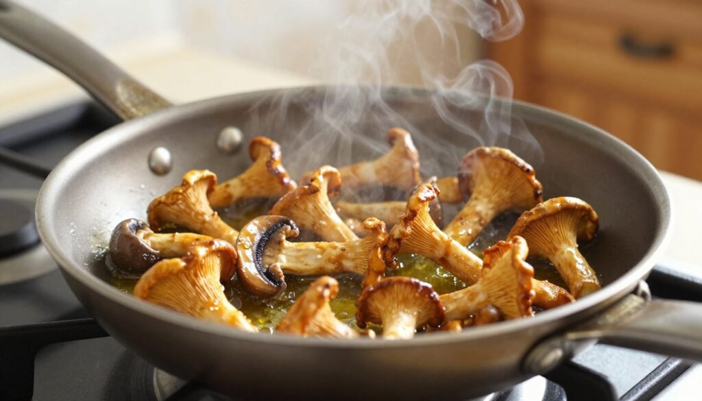 A close-up view of a frying pan on a stovetop, showcasing golden-brown chanterelle mushrooms (kurki) sizzling in olive oil. The mushrooms are glistening, with steam rising from the pan, indicating they're being perfectly cooked. Bright, natural light illuminates the scene, creating a warm and inviting atmosphere. The background features a blurred kitchen setting, hinting at a cozy cooking space with wooden cabinets and soft textures. The composition highlights the rich colors of the mushrooms against the shiny metal of the pan, emphasizing their texture and freshness. The angle captures the frying action, evoking a sense of culinary expertise and warmth, without any text or distractions.