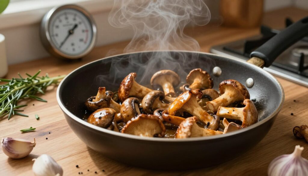 A close-up view of a frying pan sizzling with freshly sautéed chanterelle mushrooms (rydz) on a wooden kitchen table. The sautéed mushrooms are golden brown with a slight sheen, indicating they are perfectly cooked. Surrounding the pan, scattered herbs and fresh garlic cloves enhance the rustic feel. In the background, a temperature gauge mounted on the wall shows an ideal cooking temperature, while a cozy kitchen atmosphere is created with warm, soft lighting that highlights the textures of the mushrooms and the sheen of the pan. The composition is shot from a slightly elevated angle, capturing the steam rising from the pan, evoking a sense of warmth and deliciousness. The entire scene should evoke a sense of comfort and home cooking.
