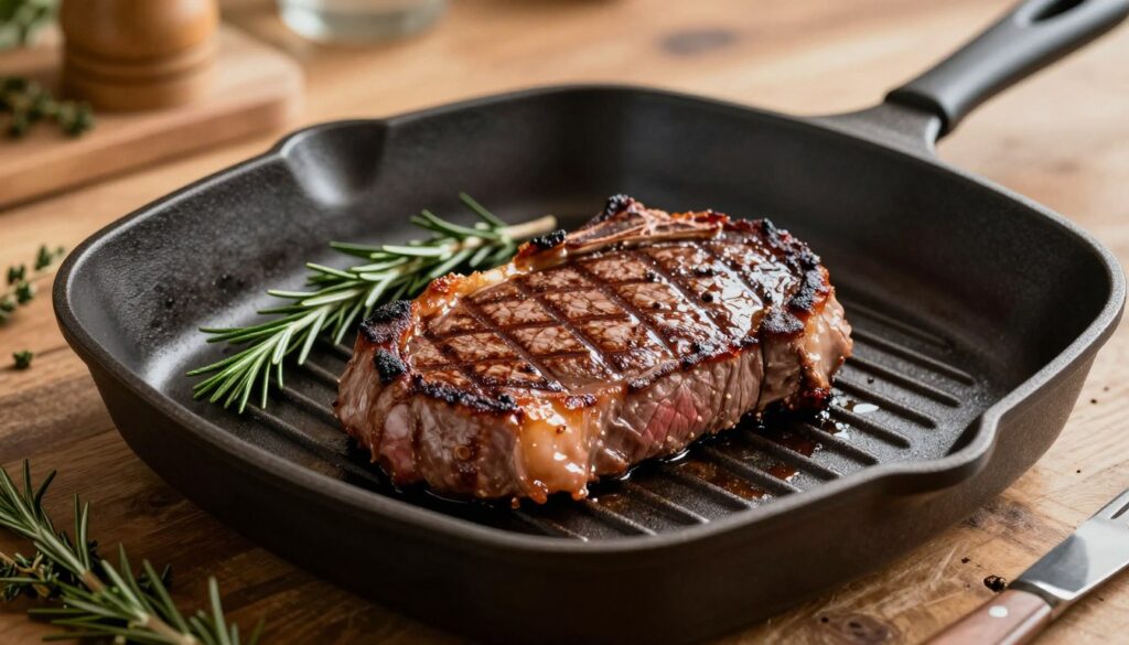 A close-up view of a high-quality grill pan designed for cooking steak, featuring a textured, cast-iron surface with distinct ridges. The pan is sizzling with a perfectly seared ribeye steak, showcasing a juicy, medium-rare interior and a crispy brown crust, with visible grill marks adding to the appeal. Surrounding the pan are fresh herbs like rosemary and thyme, enhancing the culinary atmosphere. Soft, warm lighting casts gentle reflections on the pan, highlighting its polished edges and intricate details. The background is softly blurred, featuring a rustic wooden kitchen countertop and subtle hints of cooking utensils, creating a cozy and inviting ambiance perfect for home cooking. A close-up view of a high-quality grill pan designed for cooking steak, featuring a textured, cast-iron surface with distinct ridges. The pan is sizzling with a perfectly seared ribeye steak, showcasing a juicy, medium-rare interior and a crispy brown crust, with visible grill marks adding to the appeal. Surrounding the pan are fresh herbs like rosemary and thyme, enhancing the culinary atmosphere. Soft, warm lighting casts gentle reflections on the pan, highlighting its polished edges and intricate details. The background is softly blurred, featuring a rustic wooden kitchen countertop and subtle hints of cooking utensils, creating a cozy and inviting ambiance perfect for home cooking.