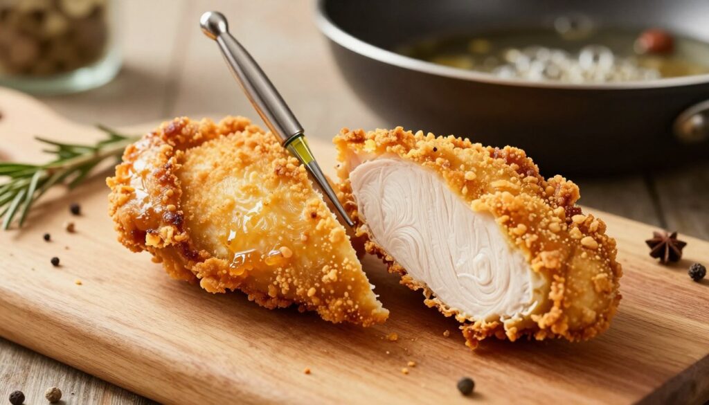 A close-up view of a perfectly cooked fried chicken breast cut in half, showcasing its juicy, tender interior with a golden, crispy crust. In the foreground, a shiny meat thermometer is inserted into the thickest part of the chicken, indicating an ideal internal temperature for safety and doneness. The middle ground features a wooden cutting board with herbs and spices scattered around, adding a rustic touch. Soft, warm lighting illuminates the scene, creating an inviting atmosphere that emphasizes the golden color of the chicken. In the background, a deep frying pan with bubbling oil and a few whole spices can be seen, hinting at the cooking process. The overall mood is serene and appetizing, perfect for a culinary exploration. A close-up view of a perfectly cooked fried chicken breast cut in half, showcasing its juicy, tender interior with a golden, crispy crust. In the foreground, a shiny meat thermometer is inserted into the thickest part of the chicken, indicating an ideal internal temperature for safety and doneness. The middle ground features a wooden cutting board with herbs and spices scattered around, adding a rustic touch. Soft, warm lighting illuminates the scene, creating an inviting atmosphere that emphasizes the golden color of the chicken. In the background, a deep frying pan with bubbling oil and a few whole spices can be seen, hinting at the cooking process. The overall mood is serene and appetizing, perfect for a culinary exploration.