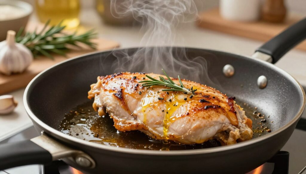A close-up view of a perfectly seasoned chicken breast sizzling on a non-stick skillet over a medium flame, capturing steam rising gracefully from the meat. The chicken is golden-brown, with a tantalizing glaze created by a light brush of oil and fresh herbs. Surrounding the skillet, there are essential cooking ingredients like garlic cloves and sprigs of rosemary, adding to the aromatic atmosphere. In the background, a cozy kitchen setting with warm, soft lighting creates an inviting mood. The focus is sharp on the chicken, with a shallow depth of field softening the background, giving a sense of warmth and home-cooked comfort. The image is vibrant, showcasing the juiciness and texture of the chicken, enticing viewers to engage with the cooking process. A close-up view of a perfectly seasoned chicken breast sizzling on a non-stick skillet over a medium flame, capturing steam rising gracefully from the meat. The chicken is golden-brown, with a tantalizing glaze created by a light brush of oil and fresh herbs. Surrounding the skillet, there are essential cooking ingredients like garlic cloves and sprigs of rosemary, adding to the aromatic atmosphere. In the background, a cozy kitchen setting with warm, soft lighting creates an inviting mood. The focus is sharp on the chicken, with a shallow depth of field softening the background, giving a sense of warmth and home-cooked comfort. The image is vibrant, showcasing the juiciness and texture of the chicken, enticing viewers to engage with the cooking process.