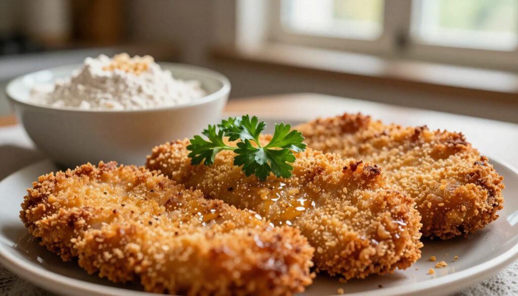 A close-up view of a plate of breaded pork cutlets, freshly coated with a golden-brown crunch, emphasizing the crispy texture. The foreground features the cutlets, glistening slightly with a light drizzle of seasoning, garnished with fresh parsley for color. In the middle, a bowl containing flour and breadcrumbs can be seen, with some crumbs spilled, showcasing the breading process. The background is softly blurred, hinting at a rustic kitchen setting with natural light filtering through a window, casting gentle shadows that enhance the warm, inviting atmosphere. The scene captures the essence of preparing delicious, perfectly breaded pork cutlets, evoking a sense of homemade comfort and culinary craftsmanship. A close-up view of a plate of breaded pork cutlets, freshly coated with a golden-brown crunch, emphasizing the crispy texture. The foreground features the cutlets, glistening slightly with a light drizzle of seasoning, garnished with fresh parsley for color. In the middle, a bowl containing flour and breadcrumbs can be seen, with some crumbs spilled, showcasing the breading process. The background is softly blurred, hinting at a rustic kitchen setting with natural light filtering through a window, casting gentle shadows that enhance the warm, inviting atmosphere. The scene captures the essence of preparing delicious, perfectly breaded pork cutlets, evoking a sense of homemade comfort and culinary craftsmanship.