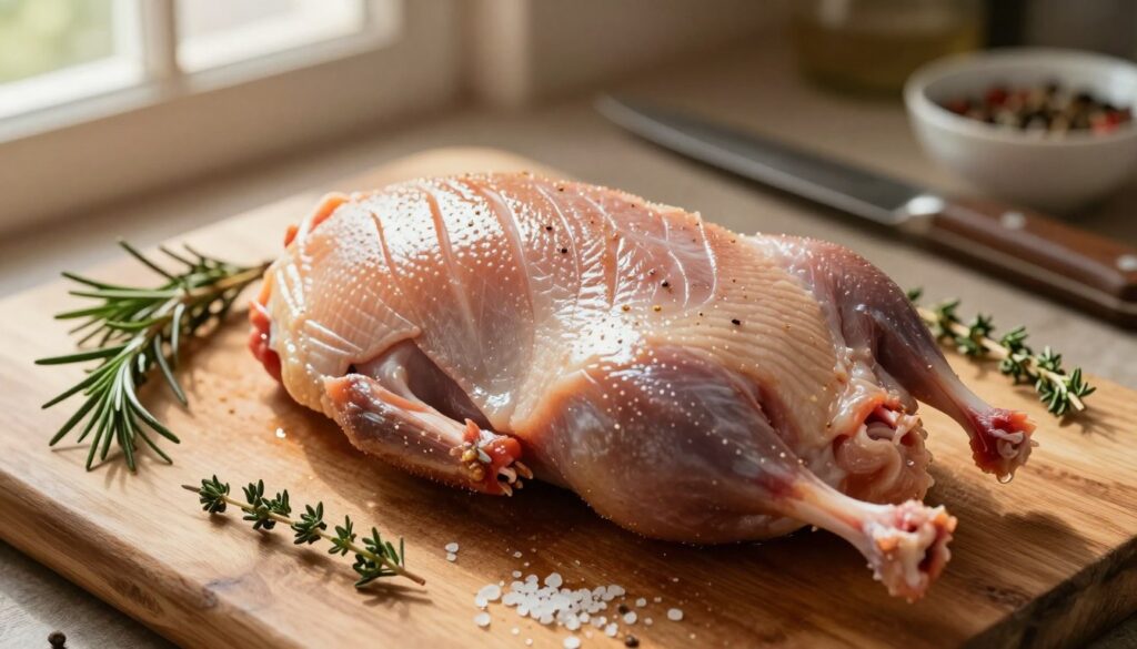A close-up view of a raw duck breast being prepared for frying, set on a rustic wooden cutting board. The duck breast features a beautiful, glistening skin, with intricate score marks expertly made to enhance the cooking process. Accents of kitchen herbs, like rosemary and thyme, are scattered artistically around the meat, alongside a sprinkle of coarse sea salt for seasoning. In the background, there are soft-focus kitchen tools such as a sharp knife and a small bowl of spices, creating an inviting and cozy cooking atmosphere. The lighting is warm and inviting, mimicking natural sunlight filtering through a nearby window, casting soft shadows and highlighting the textures of the duck and herbs. The overall mood is calm and culinary-focused, emphasizing the art of preparing duck for the perfect sear. A close-up view of a raw duck breast being prepared for frying, set on a rustic wooden cutting board. The duck breast features a beautiful, glistening skin, with intricate score marks expertly made to enhance the cooking process. Accents of kitchen herbs, like rosemary and thyme, are scattered artistically around the meat, alongside a sprinkle of coarse sea salt for seasoning. In the background, there are soft-focus kitchen tools such as a sharp knife and a small bowl of spices, creating an inviting and cozy cooking atmosphere. The lighting is warm and inviting, mimicking natural sunlight filtering through a nearby window, casting soft shadows and highlighting the textures of the duck and herbs. The overall mood is calm and culinary-focused, emphasizing the art of preparing duck for the perfect sear.