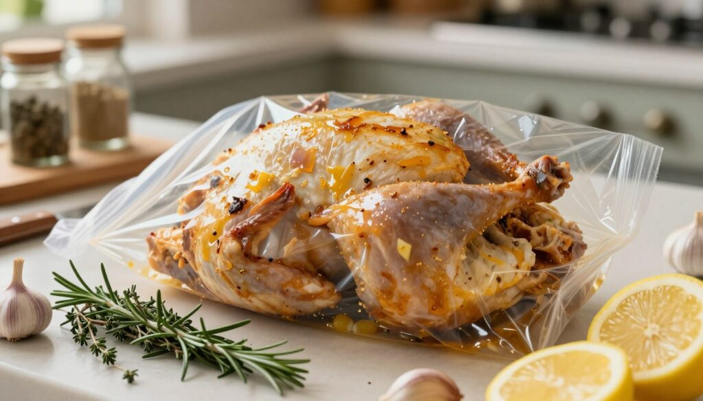 A close-up view of a seasoned whole chicken being arranged inside a transparent roasting bag, emphasizing the juicy marinade clinging to the skin. The foreground features bright, fresh herbs like rosemary and thyme, scattered around the chicken, alongside whole garlic cloves and slices of lemon for added flavor. In the middle ground, the roasting bag is partially closed, showcasing the prepared chicken in an inviting manner. The background features a clean kitchen countertop with utensils and spices, softly blurred to keep focus on the chicken. The lighting is warm and cozy, mimicking natural sunlight, creating an inviting cooking atmosphere. The image conveys a sense of home cooking, care, and culinary anticipation.