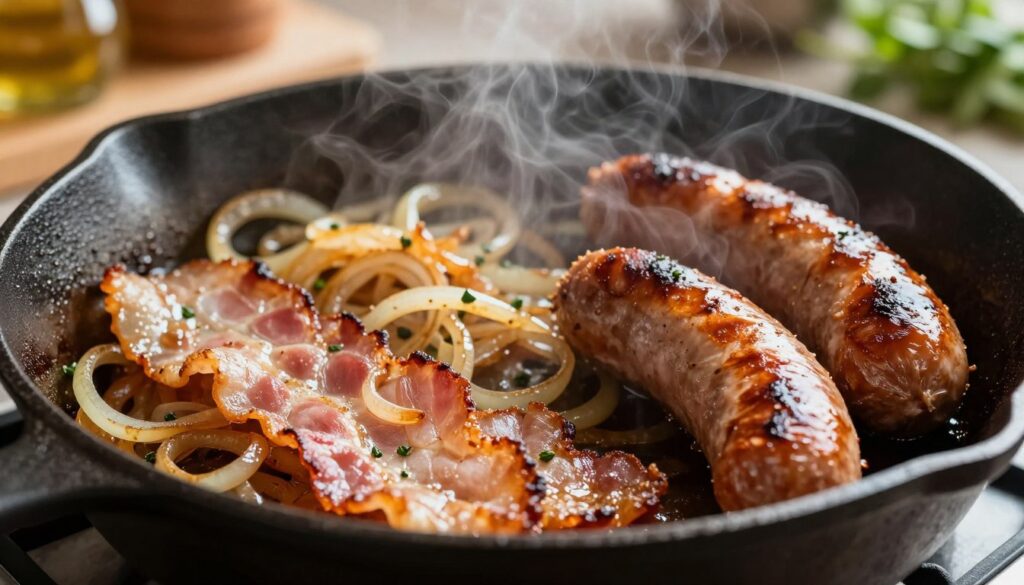 A close-up view of a sizzling pan filled with crispy bacon, golden-brown onions, and perfectly browned sausages. The scene captures the moment of frying, with steam rising and a rich, savory aroma emphasizing the deliciousness of the ingredients. In the foreground, the bacon glistens under the heat, while the onions caramelize next to the juicy sausage pieces, all resting in a lightly oiled cast-iron skillet. The middle ground continues the cooking theme with vibrant, fresh herbs sprinkled around, while in the background, a softly blurred kitchen setting adds warmth and homeliness. The lighting is warm and inviting, highlighting the textures and colors, as if capturing a cozy home-cooking moment. The angle is slightly above, giving a comprehensive view of the frying action, evoking a sense of comfort and delicious anticipation.