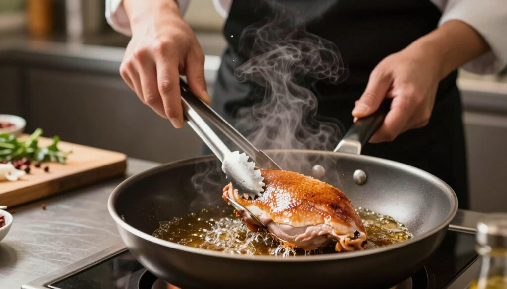 A close-up view of a skilled chef frying duck breast in a well-lit kitchen, showcasing the cooking process step by step. In the foreground, focus on the sizzling duck breast in a frying pan, with golden-brown skin bubbling in hot oil, steam rising gracefully. In the middle, a chef wearing a black apron and a white shirt, carefully turning the duck with stainless steel tongs, exhibiting concentration. The background features soft focus elements like a wooden cutting board with herbs and spices, and a faint outline of kitchen utensils. The warm lighting creates a cozy atmosphere, highlighting the textures of the duck skin and the chef's expertise. The overall mood is inviting and professional, emphasizing culinary mastery. A close-up view of a skilled chef frying duck breast in a well-lit kitchen, showcasing the cooking process step by step. In the foreground, focus on the sizzling duck breast in a frying pan, with golden-brown skin bubbling in hot oil, steam rising gracefully. In the middle, a chef wearing a black apron and a white shirt, carefully turning the duck with stainless steel tongs, exhibiting concentration. The background features soft focus elements like a wooden cutting board with herbs and spices, and a faint outline of kitchen utensils. The warm lighting creates a cozy atmosphere, highlighting the textures of the duck skin and the chef's expertise. The overall mood is inviting and professional, emphasizing culinary mastery.