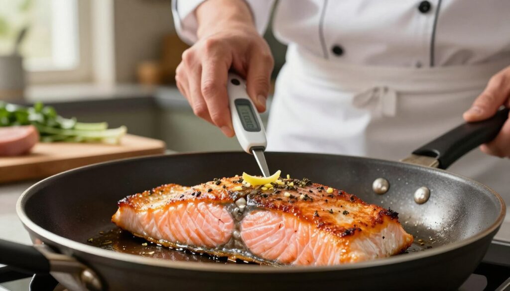 A close-up view of a skillet sizzling with a perfectly pan-fried salmon fillet. The foreground captures the salmon with a golden-brown, crispy skin, glistening with herbs and a hint of lemon zest. Light reflects off the fish, showcasing its flaky interior, revealing a tender pink texture. In the middle ground, a professional chef in a crisp white apron carefully uses a digital thermometer to check the temperature of the salmon, ensuring it is cooked to perfection. The background features a softly blurred kitchen setting, with wooden cutting boards, fresh herbs, and a warm, inviting light pouring in from a window. The overall mood is warm and inviting, emphasizing culinary expertise and attention to detail in cooking.