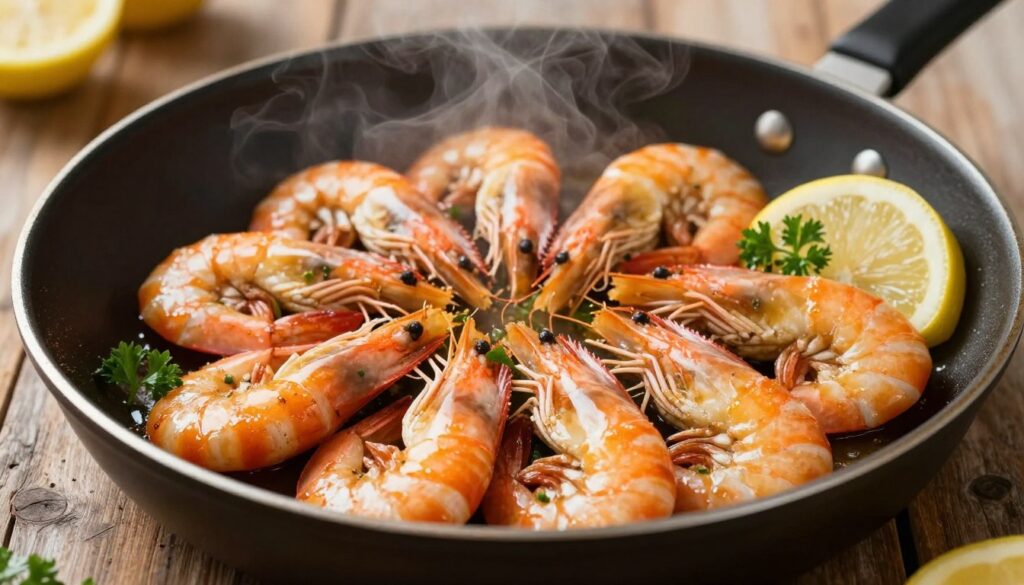 A close-up view of a vibrant, sizzling pan filled with juicy, perfectly cooked shrimp, glistening in a light golden hue. The shrimp are arranged artfully on a black non-stick skillet, garnished with sprigs of fresh parsley and slices of lemon, adding bright pops of color. Steam rises gently, creating a warm and inviting atmosphere. In the background, a rustic wooden table and subdued, natural kitchen lighting highlight the textures of the shrimp and the sheen of the pan. This composition captures the essence of deliciously prepared seafood, evoking a sense of culinary delight and meticulous preparation, ideal for showcasing the art of cooking shrimp to perfection. A close-up view of a vibrant, sizzling pan filled with juicy, perfectly cooked shrimp, glistening in a light golden hue. The shrimp are arranged artfully on a black non-stick skillet, garnished with sprigs of fresh parsley and slices of lemon, adding bright pops of color. Steam rises gently, creating a warm and inviting atmosphere. In the background, a rustic wooden table and subdued, natural kitchen lighting highlight the textures of the shrimp and the sheen of the pan. This composition captures the essence of deliciously prepared seafood, evoking a sense of culinary delight and meticulous preparation, ideal for showcasing the art of cooking shrimp to perfection.