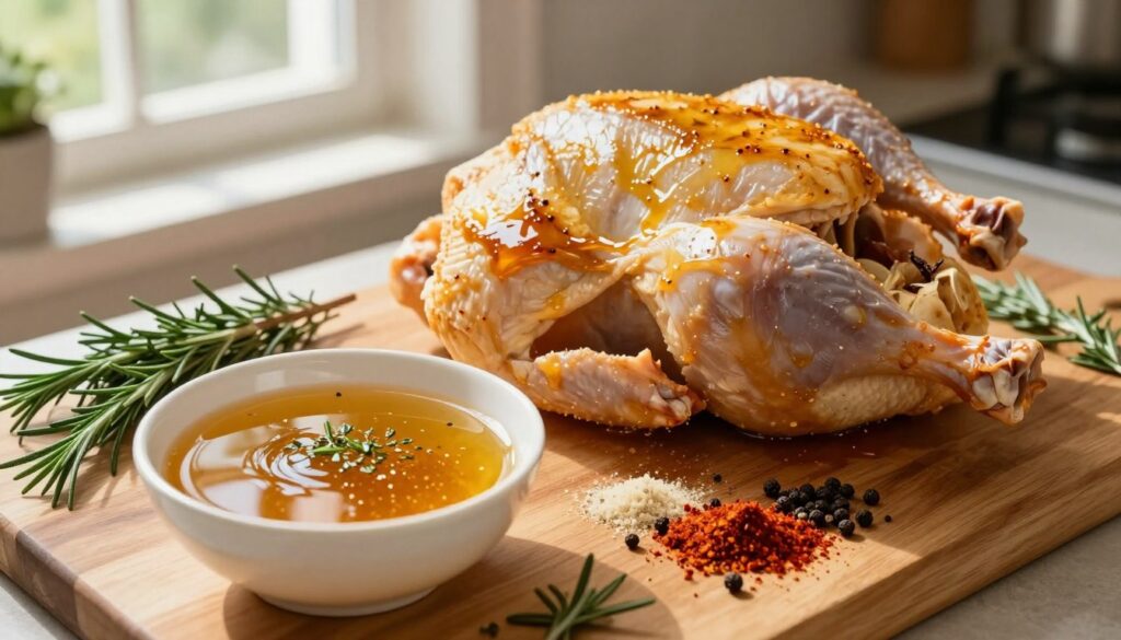 A close-up view of a wooden kitchen countertop with a vibrant array of ingredients for marinating chicken for spit-roasting. In the foreground, a bowl filled with a thick, golden marinade made from honey, garlic, and herbs sits next to a selection of spices like paprika and black pepper. You can see fresh herbs like rosemary and thyme scattered around. The middle ground features a whole chicken prepared for marination, with brush strokes of the marinade glistening on its surface. In the background, soft natural light spills through an open window, casting gentle shadows. The atmosphere is warm and inviting, evoking a sense of comfort and culinary adventure. No text or other distractions should be present in the scene.