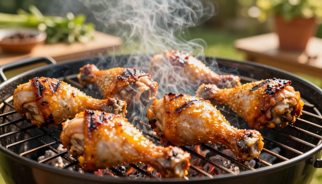 A close-up view of chicken drumsticks grilling on a charcoal barbecue grill, capturing the sizzling sound and inviting aroma. The juicy chicken is glazed with a rich, golden marinade, showcasing glistening skin with a crispy texture. In the foreground, focus on a few perfectly cooked drumsticks with grill marks, while the middle layer shows other chicken pieces slowly cooking, surrounded by wafts of smoke. In the background, a blurred garden setting with greenery and a wooden table laden with fresh herbs and spices enhances the outdoor cooking atmosphere. The scene is illuminated by warm, golden sunlight, creating a cozy and inviting mood. The image should evoke a sense of deliciousness and summer outdoor meals, emphasizing the art of grilling.