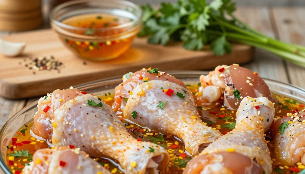 A close-up view of chicken drumsticks marinating in a vibrant mixture of spices and herbs. The foreground features glistening, raw chicken pieces submerged in a colorful marinade, showcasing vivid reds, greens, and yellows from paprika, garlic, and parsley. In the middle ground, a wooden cutting board is visible, sprinkled with seasoning, accompanied by a small bowl of marinade and fresh herbs. The background subtly displays a rustic kitchen setting, with warm lighting creating a cozy atmosphere. The scene is shot at eye-level with a soft focus on the background, emphasizing the flavorful ingredients and highlighting the process of marinating. The overall mood conveys a sense of preparation and anticipation, perfect for a culinary context. A close-up view of chicken drumsticks marinating in a vibrant mixture of spices and herbs. The foreground features glistening, raw chicken pieces submerged in a colorful marinade, showcasing vivid reds, greens, and yellows from paprika, garlic, and parsley. In the middle ground, a wooden cutting board is visible, sprinkled with seasoning, accompanied by a small bowl of marinade and fresh herbs. The background subtly displays a rustic kitchen setting, with warm lighting creating a cozy atmosphere. The scene is shot at eye-level with a soft focus on the background, emphasizing the flavorful ingredients and highlighting the process of marinating. The overall mood conveys a sense of preparation and anticipation, perfect for a culinary context.