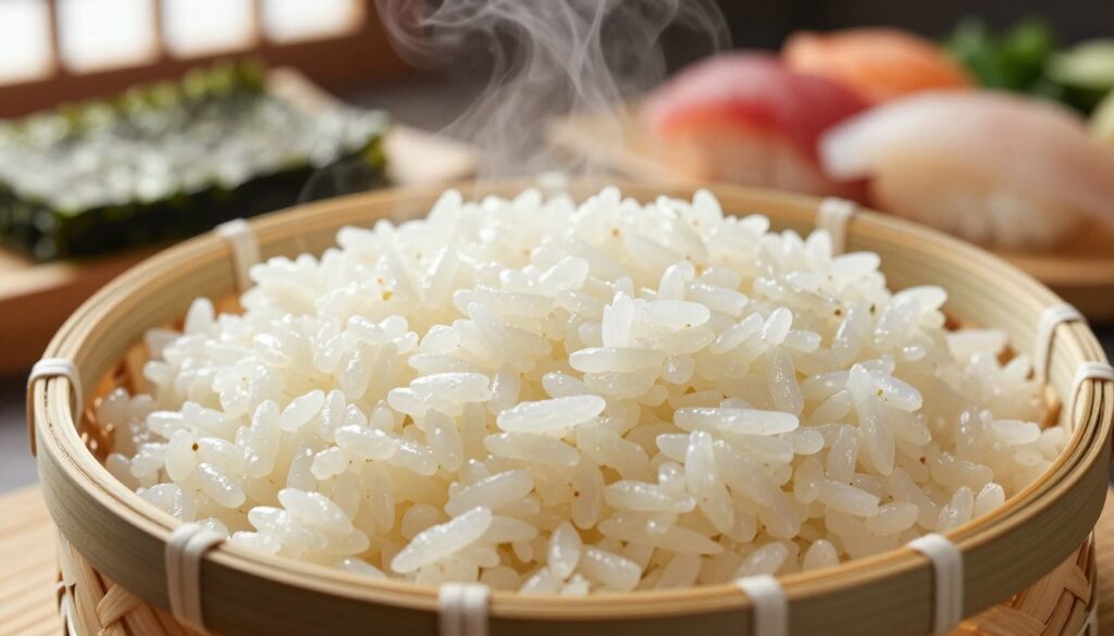 A close-up view of high-quality sushi rice in a traditional bamboo sushi basket, showcasing its glossy, slightly sticky texture. The grains of rice should appear plump and evenly cooked, with a hint of steam rising to create a sense of warmth. In the background, softly blurred ingredients for sushi preparation, such as nori sheets, fresh fish, and vegetables, hint at the colorful variety that sushi offers. The scene is illuminated by natural light filtering through a nearby window, casting gentle shadows to enhance the texture of the rice and ingredients. The atmosphere is calm and inviting, suggesting a thoughtful culinary process, ideal for a sushi-making environment. A close-up view of high-quality sushi rice in a traditional bamboo sushi basket, showcasing its glossy, slightly sticky texture. The grains of rice should appear plump and evenly cooked, with a hint of steam rising to create a sense of warmth. In the background, softly blurred ingredients for sushi preparation, such as nori sheets, fresh fish, and vegetables, hint at the colorful variety that sushi offers. The scene is illuminated by natural light filtering through a nearby window, casting gentle shadows to enhance the texture of the rice and ingredients. The atmosphere is calm and inviting, suggesting a thoughtful culinary process, ideal for a sushi-making environment.