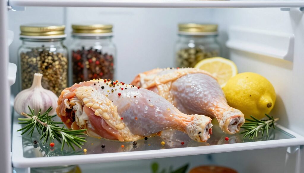 A close-up view of marinated chicken pieces resting on a glass shelf in a well-organized refrigerator. The chicken is surrounded by vibrant herbs and spices, with drops of marinade glistening in soft, natural light. In the foreground, the focus is on the marinated chicken, showcasing its appetizing texture and the colorful spices. The middle ground features neatly arranged jars of spices and fresh ingredients, including garlic and lemon, enhancing the scene's culinary theme. The background shows the interior of the refrigerator with shelves and a cool, inviting atmosphere. The image should evoke a sense of freshness and readiness, highlighting the importance of marinating time for flavor development.