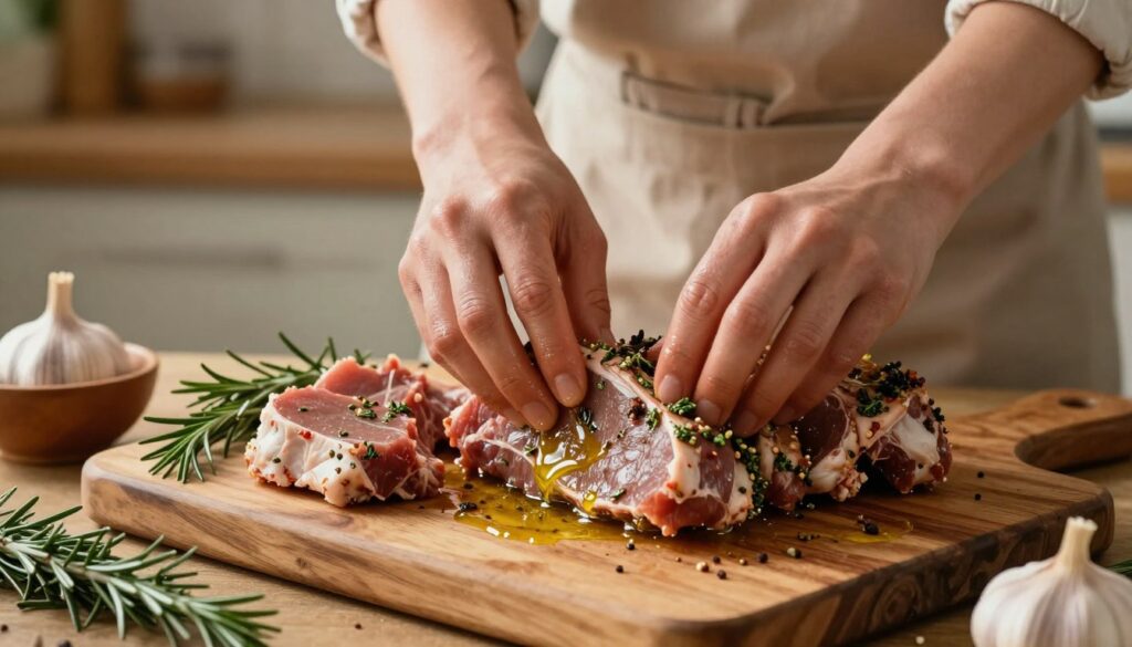 A close-up view of marinated meat being prepared for roasting. The foreground features a rustic wooden cutting board with various cuts of meat, generously coated in a rich, colorful marinade made from herbs, spices, and olive oil. There are small bowls displaying fresh garlic, rosemary, and thyme scattered artistically around the board. In the middle, a pair of hands, clad in modest cooking attire, gently rub the marinade into the meat, showcasing the texture and glistening surface. The background is softly blurred, revealing a cozy kitchen with warm, inviting lighting, emphasizing the caring process of marinating. The overall mood is warm and encouraging, evoking a sense of home cooking and anticipation for a delicious meal.