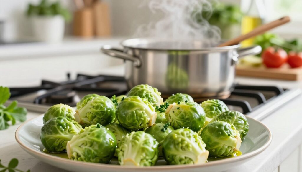 A close-up view of vividly green Brussels sprouts being prepared in a kitchen, showcasing the process of cooking them without bitterness. In the foreground, a vibrant plate of perfectly cooked Brussels sprouts glistens with a light drizzle of olive oil, adorned with fresh herbs. The middle ground reveals a stainless steel pot on a stove, with steam rising gently, and a wooden spoon resting against the side. The background features a sunlit kitchen countertop with fresh vegetables, herbs, and cooking utensils, creating an inviting atmosphere. Soft, natural lighting enhances the freshness of the ingredients, while a shallow depth of field focuses on the Brussels sprouts, evoking a mood of culinary delight and simplicity.