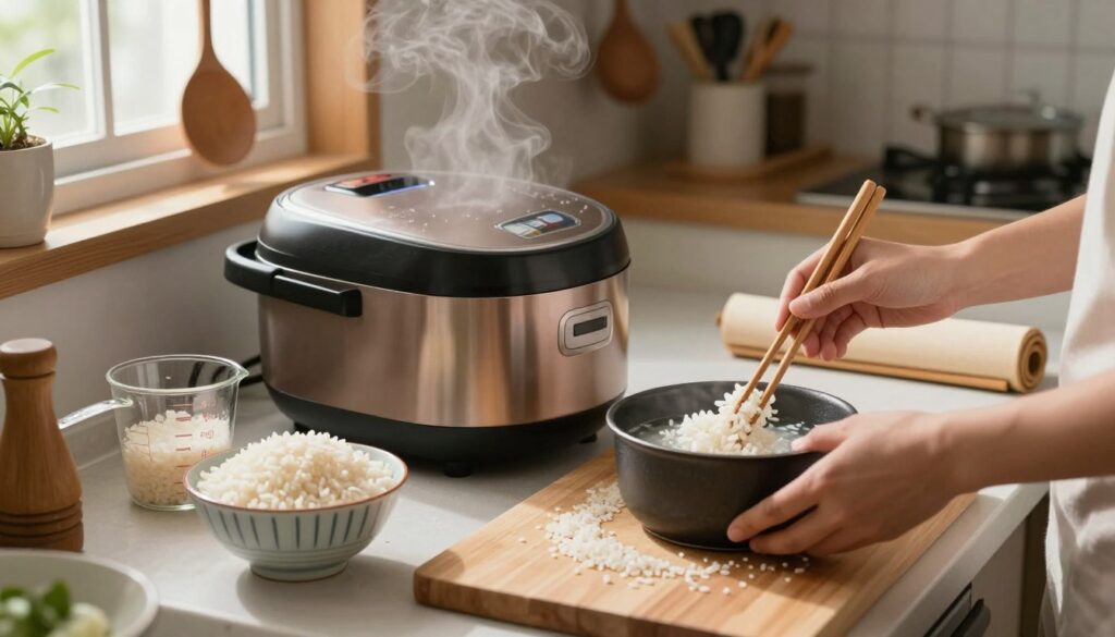 A comfortable kitchen scene showcasing the process of preparing sushi rice. In the foreground, a wooden cutting board displays uncooked short-grain rice in a bowl, a measuring cup, and a small pot filled with water ready for boiling. To the side, a hands-on approach is demonstrated with a pair of chopsticks gently mixing the rice, capturing the meticulousness of the preparation. In the middle, a traditional rice cooker stands with steam rising, signaling the cooking process. The background reveals a softly lit kitchen environment with hanging utensils and sushi rolling mats on a counter, enhancing the ambiance. Natural light filters through the window, creating a warm and inviting atmosphere that conveys a sense of home cooking. The angle captures the depth of the kitchen, inviting viewers into the sushi-making journey.
