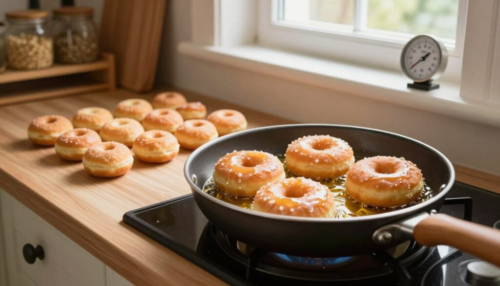 A cozy, inviting kitchen scene featuring a beautifully arranged countertop with both small and large donuts (pączki) frying in golden oil in a deep frying pan. The small pączki are perfectly round and fluffy, while the larger ones showcase a slight glaze. Bright, natural lighting streams in from a nearby window, illuminating the rich colors of the dough and oil, creating a warm atmosphere. In the background, a rustic kitchen with wooden shelves and jars of ingredients adds to the homey vibe. A thermometer showing the optimal frying temperature is visible, enhancing the educational aspect. The image captures the essence of cooking with warmth and comfort, focusing on the frying process without distractions.