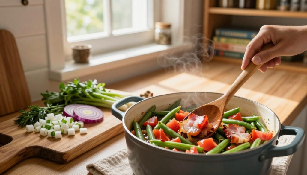 A cozy kitchen scene capturing the essence of preparing "fasolka po bretońsku." In the foreground, a large pot brimming with vibrant green beans, diced tomatoes, and thick chunks of savory bacon is being gently stirred with a wooden spoon. Nearby, colorful chopped onions and herbs are artfully arranged on a rustic wooden cutting board. In the middle, sunlight streams through a window, casting a warm glow on the ingredients, creating a homey atmosphere. The background features open shelves lined with spices and cookbooks, enhancing the culinary vibe. The overall mood is inviting and warm, embodying the essence of a hearty home-cooked meal. The composition should have a slightly angled perspective, focusing on the pot and ingredients with a soft depth of field.