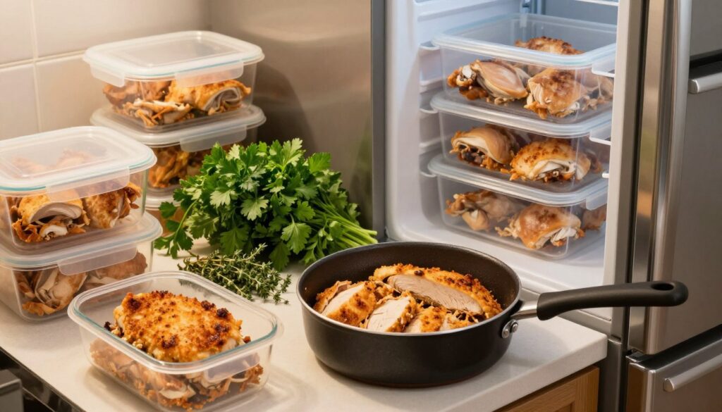 A cozy kitchen scene featuring a neatly organized countertop with various chicken cutlets stored in transparent containers. In the foreground, a small pot of sliced, reheated chicken cutlets presents a golden-brown crust, showcasing their juicy filling. The middle ground includes an array of vibrant, fresh herbs like parsley and thyme, adding a touch of green to the composition. In the background, a stainless steel refrigerator is slightly ajar, revealing more containers filled with frozen chicken cutlets. Soft, warm lighting creates an inviting atmosphere, while the angle captures the scene from a slightly elevated perspective, highlighting the textures of the chicken and the warm, homey feel of the kitchen environment. A cozy kitchen scene featuring a neatly organized countertop with various chicken cutlets stored in transparent containers. In the foreground, a small pot of sliced, reheated chicken cutlets presents a golden-brown crust, showcasing their juicy filling. The middle ground includes an array of vibrant, fresh herbs like parsley and thyme, adding a touch of green to the composition. In the background, a stainless steel refrigerator is slightly ajar, revealing more containers filled with frozen chicken cutlets. Soft, warm lighting creates an inviting atmosphere, while the angle captures the scene from a slightly elevated perspective, highlighting the textures of the chicken and the warm, homey feel of the kitchen environment.