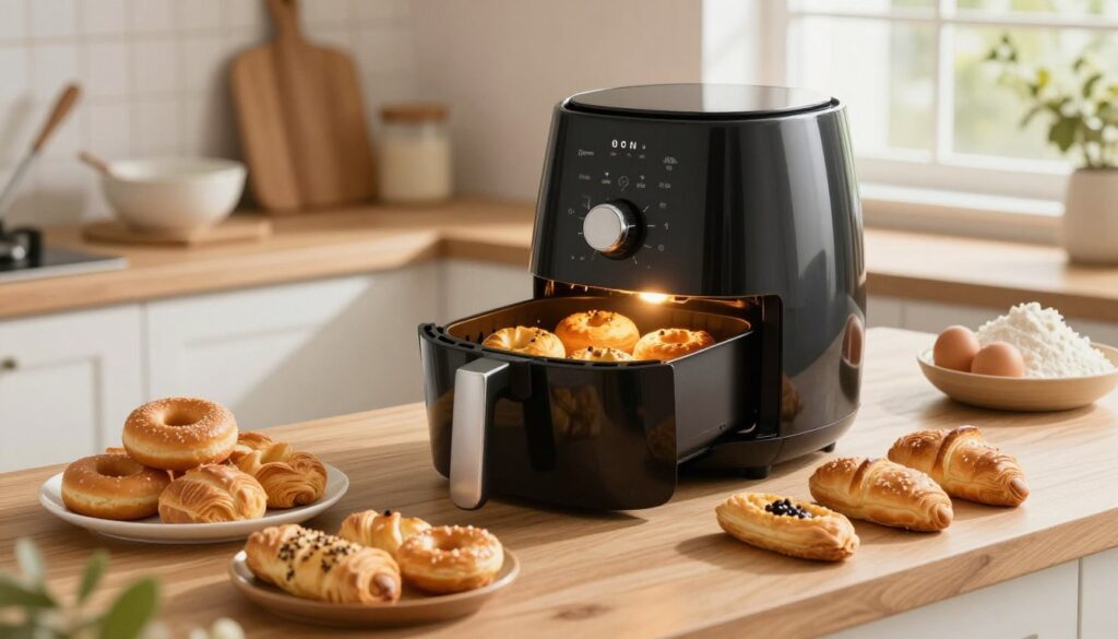 A cozy kitchen scene featuring an air fryer in action, baking delicious, golden-brown pastries. In the foreground, showcase a variety of sweet pastries, such as donuts, eclairs, and puff pastries, artfully arranged on a clean, wooden countertop. In the middle ground, the air fryer is prominently displayed, with a light illuminating the pastries inside, creating a warm and inviting glow. In the background, soft-focus kitchen elements such as mixing bowls, and fresh ingredients like eggs and flour, hint at the baking process. The atmosphere is cheerful and homey, with natural light streaming in through a window, casting gentle shadows and highlighting the textures of the baked goods. The scene should evoke a sense of comfort and culinary creativity.