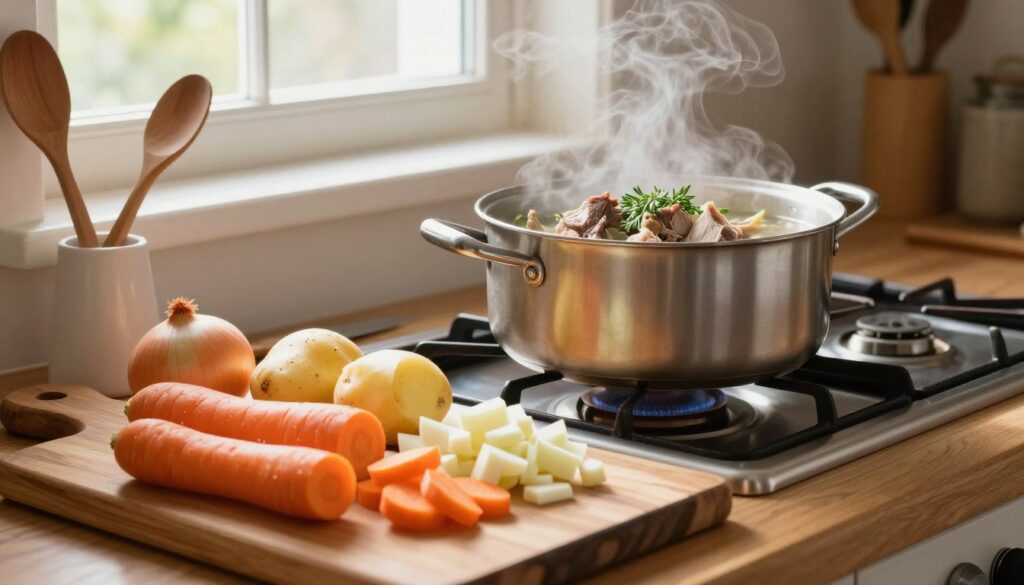 A cozy kitchen scene focused on the preparation of ingredients for pea soup, with freshly chopped vegetables like carrots, potatoes, and onions displayed prominently in the foreground on a rustic wooden cutting board. In the middle ground, a pot filled with chunks of succulent meat and aromatic herbs simmers on a gas stove, with steam gently rising. The background features soft, natural light streaming in through a window, casting a warm glow throughout the room. A few kitchen utensils, such as a wooden spoon and a knife, are neatly arranged nearby. The atmosphere is inviting and homely, capturing the essence of traditional cooking. The composition should evoke a sense of comfort and readiness for a hearty meal, without any text or distractions.