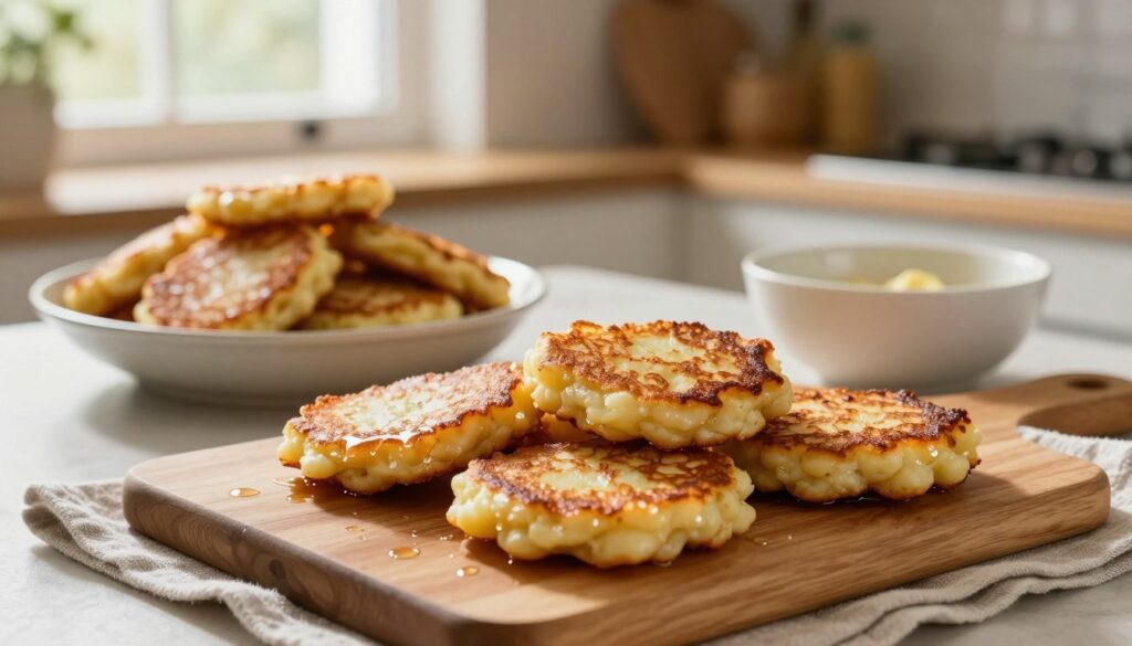 A cozy kitchen scene focused on the process of draining and storing potato pancakes. In the foreground, a wooden cutting board holds perfectly golden-brown, crispy pancakes resting on a clean cloth, with droplets of oil glistening on their surface. The middle ground features a bowl filled with fresh pancakes, while another bowl is placed nearby, ready for storage. The background shows a warm, inviting kitchen with soft natural light pouring in from a window, highlighting the delicious texture of the pancakes. The atmosphere is homely and inviting, evoking the joy of home-cooked meals. The angle should be slightly elevated to capture both the details of the pancakes and the warm kitchen ambiance. A cozy kitchen scene focused on the process of draining and storing potato pancakes. In the foreground, a wooden cutting board holds perfectly golden-brown, crispy pancakes resting on a clean cloth, with droplets of oil glistening on their surface. The middle ground features a bowl filled with fresh pancakes, while another bowl is placed nearby, ready for storage. The background shows a warm, inviting kitchen with soft natural light pouring in from a window, highlighting the delicious texture of the pancakes. The atmosphere is homely and inviting, evoking the joy of home-cooked meals. The angle should be slightly elevated to capture both the details of the pancakes and the warm kitchen ambiance.
