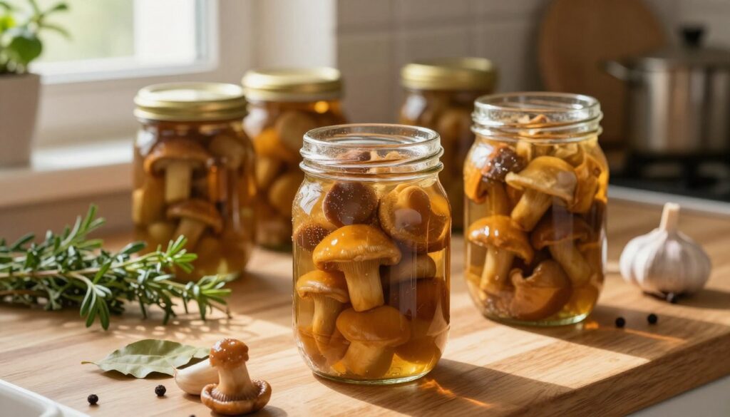 A cozy kitchen scene focusing on jars filled with marinated honey mushrooms (opieńki) sitting on a wooden countertop. In the foreground, several transparent glass jars, glistening with condensation, are tightly sealed and filled with vibrant, golden-brown mushrooms submerged in a rich, savory brine that reflects the warm kitchen light. The middle ground features an assortment of fresh herbs and spices like garlic and bay leaves, scattered around the jars, adding color and texture. In the background, soft, natural lighting filters through a window, casting gentle shadows that enhance the inviting, home-cooked atmosphere. The composition captures the essence of preserving seasonal flavors, evoking warmth and nostalgia. The shot is taken from a slightly elevated angle, emphasizing the jars and creating a sense of abundance.
