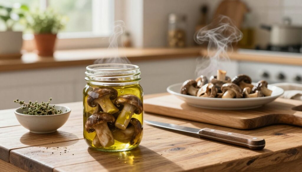 A cozy kitchen scene showcasing freshly cooked saffron milk cap mushrooms (rydz) arranged on a rustic wooden table. In the foreground, a clear glass jar filled with the prepared mushrooms, glistening with a drizzle of olive oil, is placed next to a small bowl of herbs, highlighting their earthy tones. The middle ground features a cutting board with a knife, and a dish with sautéed mushrooms gently steaming, conveying warmth. In the background, soft natural light streams in through a window, illuminating the kitchen atmosphere, with potted plants and spices adorning the shelves. The overall mood is inviting and homely, emphasizing the preservation of flavors and textures in mushroom storage.