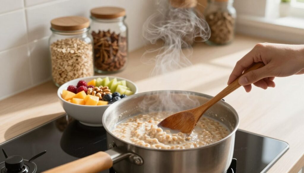 A cozy kitchen scene showcasing the cooking process of oatmeal, with a pot simmering gently on the stove. In the foreground, a wooden spoon stirs the creamy mixture, while soft steam rises, creating a warm and inviting atmosphere. In the middle, a bowl filled with vibrant, colorful toppings such as fresh fruits, nuts, and honey awaits beside the pot, highlighting the versatility of oatmeal. The background features a well-organized countertop with rustic jars of oats and spices, illuminated by soft, natural lighting from a nearby window, casting gentle shadows. The overall mood is serene and homely, inviting viewers to immerse themselves in the art of cooking perfect oatmeal. The image should be well-composed with a balanced focus, capturing the essence of oatmeal preparation without any text or distractions. A cozy kitchen scene showcasing the cooking process of oatmeal, with a pot simmering gently on the stove. In the foreground, a wooden spoon stirs the creamy mixture, while soft steam rises, creating a warm and inviting atmosphere. In the middle, a bowl filled with vibrant, colorful toppings such as fresh fruits, nuts, and honey awaits beside the pot, highlighting the versatility of oatmeal. The background features a well-organized countertop with rustic jars of oats and spices, illuminated by soft, natural lighting from a nearby window, casting gentle shadows. The overall mood is serene and homely, inviting viewers to immerse themselves in the art of cooking perfect oatmeal. The image should be well-composed with a balanced focus, capturing the essence of oatmeal preparation without any text or distractions.