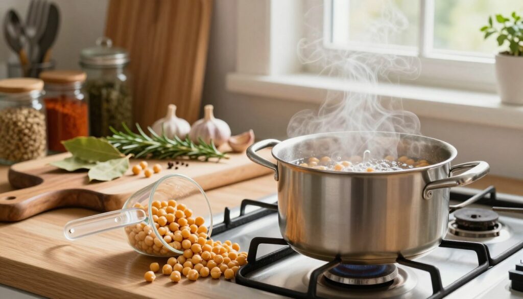 A cozy kitchen scene showcasing the process of cooking chickpeas without soaking. In the foreground, a pot of boiling water on a gas stove, with raw chickpeas spilling out of a measuring cup beside it. Steam rises gently, creating a warm atmosphere. The middle layer features an array of fresh spices and herbs like bay leaves, garlic, and rosemary, thoughtfully arranged on a wooden cutting board. The background includes shelves filled with colorful jars of spices and kitchen utensils, bathed in soft, natural light coming from a nearby window. The mood is inviting and homey, emphasizing the simplicity and ease of cooking chickpeas without soaking, with a focus on fresh ingredients and a rustic kitchen vibe. A cozy kitchen scene showcasing the process of cooking chickpeas without soaking. In the foreground, a pot of boiling water on a gas stove, with raw chickpeas spilling out of a measuring cup beside it. Steam rises gently, creating a warm atmosphere. The middle layer features an array of fresh spices and herbs like bay leaves, garlic, and rosemary, thoughtfully arranged on a wooden cutting board. The background includes shelves filled with colorful jars of spices and kitchen utensils, bathed in soft, natural light coming from a nearby window. The mood is inviting and homey, emphasizing the simplicity and ease of cooking chickpeas without soaking, with a focus on fresh ingredients and a rustic kitchen vibe.
