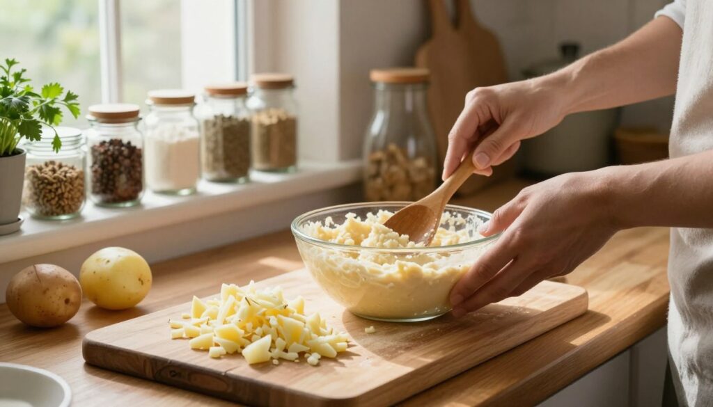 A cozy kitchen scene showcasing the process of preparing potato pancake batter. In the foreground, a wooden cutting board is covered with grated potatoes, onions, and a bowl filled with a creamy, homemade batter. A pair of clean, modestly-dressed hands gently mix the ingredients using a wooden spoon. In the middle, a bright window allows soft, natural light to illuminate the space, casting a warm glow on the wooden countertops and utensils. In the background, shelves filled with jars of spices and fresh herbs contribute to the homey atmosphere, enhancing the feeling of culinary creativity. The overall mood is inviting and warm, reflecting a sense of comfort and tradition in cooking. A cozy kitchen scene showcasing the process of preparing potato pancake batter. In the foreground, a wooden cutting board is covered with grated potatoes, onions, and a bowl filled with a creamy, homemade batter. A pair of clean, modestly-dressed hands gently mix the ingredients using a wooden spoon. In the middle, a bright window allows soft, natural light to illuminate the space, casting a warm glow on the wooden countertops and utensils. In the background, shelves filled with jars of spices and fresh herbs contribute to the homey atmosphere, enhancing the feeling of culinary creativity. The overall mood is inviting and warm, reflecting a sense of comfort and tradition in cooking.