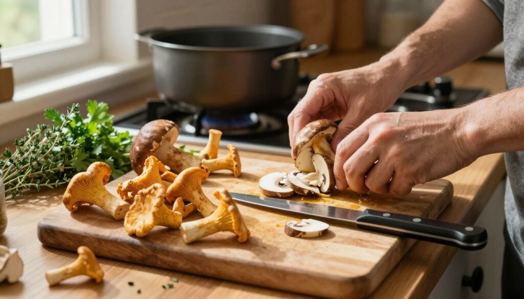 A cozy kitchen scene with a wooden countertop where freshly picked mushrooms are being cleaned and sliced in preparation for mushroom soup. In the foreground, a rustic wooden cutting board holds an array of wild mushrooms, including chanterelles and porcini, with a sharp knife resting beside them. Soft natural light filters through a nearby window, casting gentle shadows that create a warm atmosphere. In the middle background, a pot simmers on the stove, hinting at the upcoming soup. Fresh herbs like thyme and parsley are scattered around, accentuating the vibrant colors of the mushrooms. The focus is on the rich textures and earthy tones, evoking a sense of homeliness and culinary delight.