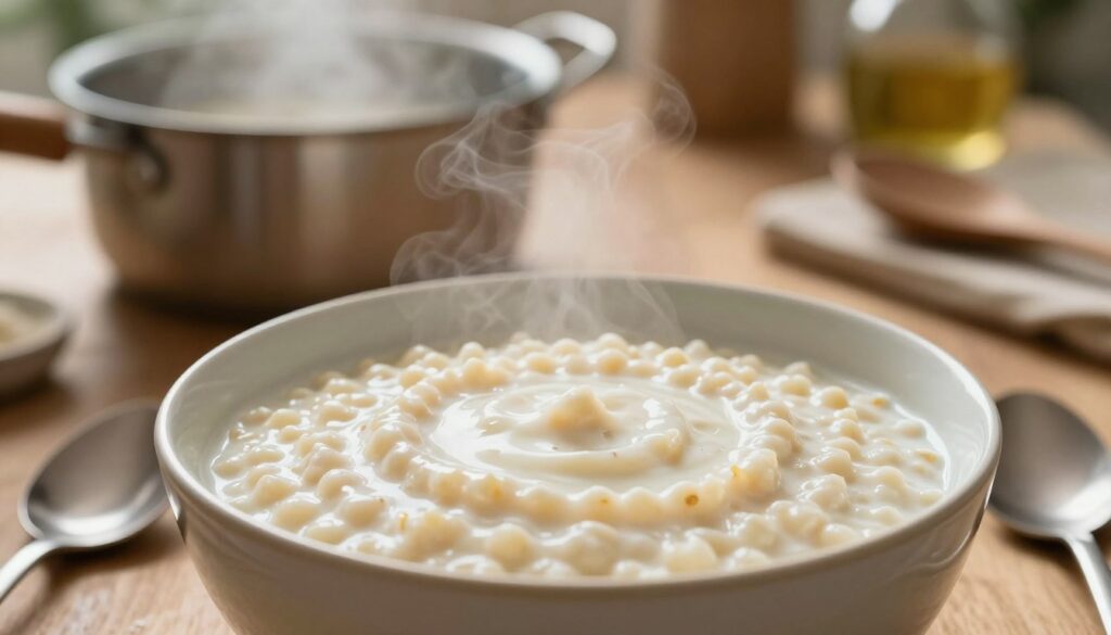 A creamy bowl of kasza manna with the perfect consistency sits on a wooden table, inviting and warm. The foreground features a close-up view of the bowl filled with perfectly cooked kasza manna, showcasing its smooth, velvety texture, subtly reflecting the light. A small spoon rests beside it, hinting at the comforting meal. In the middle ground, a pot can be seen with a hint of steam rising, suggesting it has just been stirred to achieve the ideal texture. The background includes soft kitchen elements like blurred utensils and ingredients, enhancing the cozy home cooking atmosphere. Natural light filters in, creating a warm, inviting glow, while a gentle bokeh effect adds depth to the image. The overall mood is serene and homely, perfect for illustrating culinary advice.